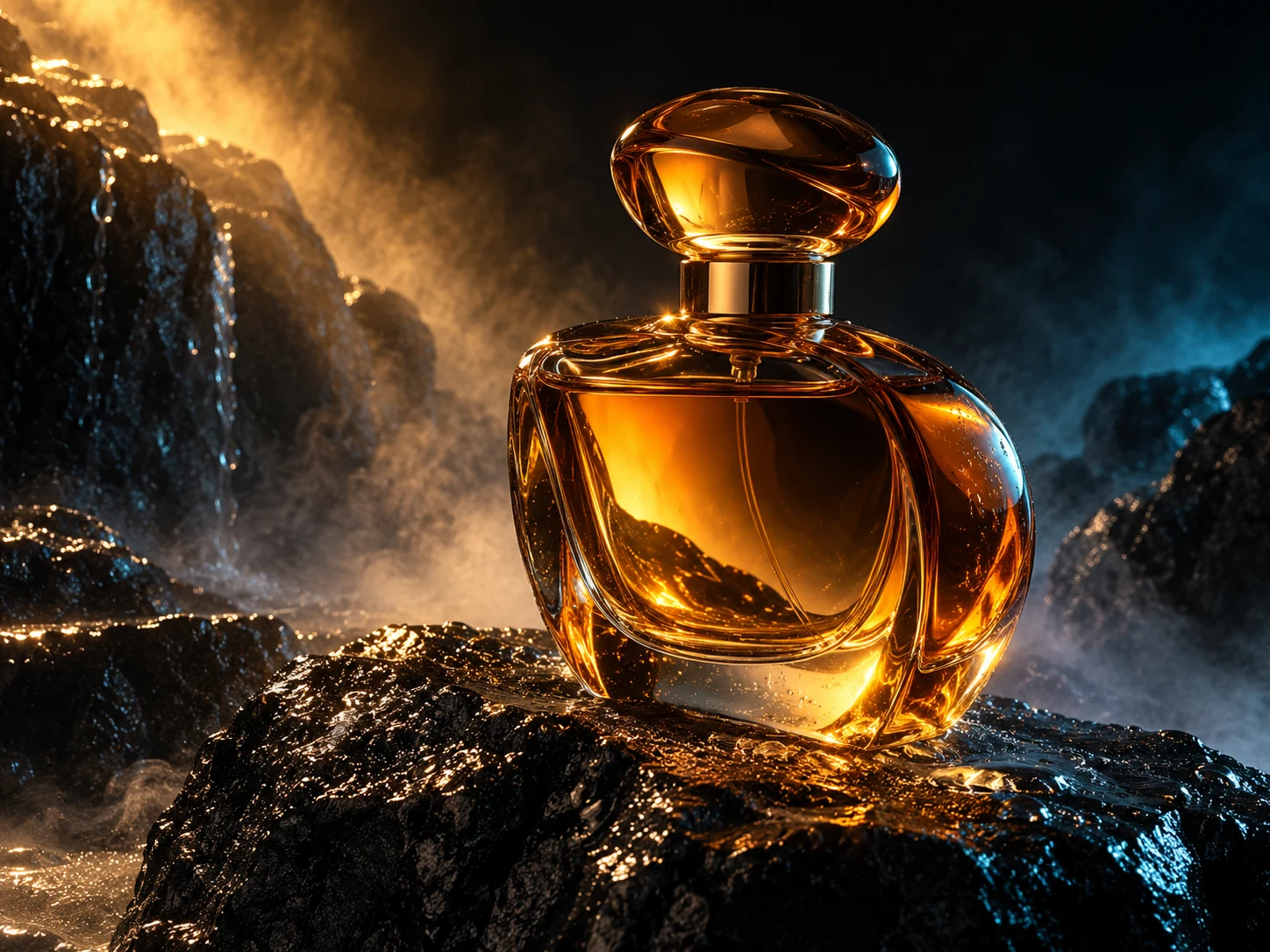 Frasco de perfume ámbar sobre basalto oscuro, con reflejos cian y una luz dorada.