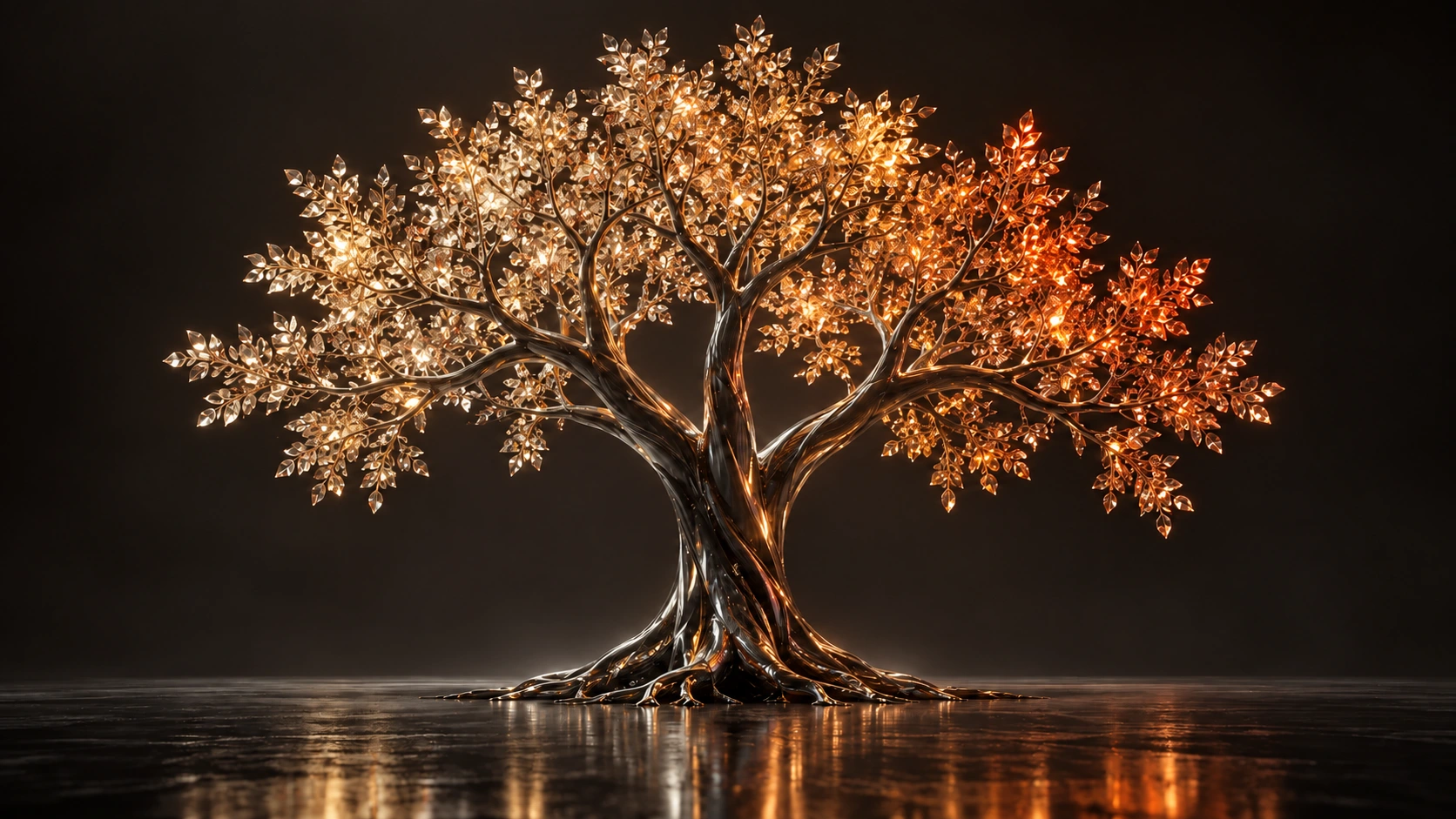 Árbol escultórico de cristal con luz cálida reflejada en el agua.