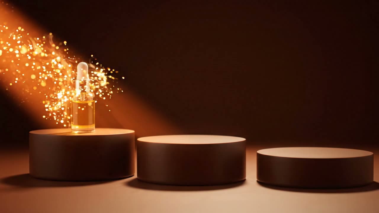 Estudio oscuro con luz cálida sobre un frasco de sérum, fotograma de un video generado con IA.