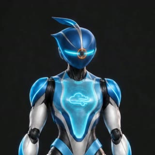 Avatar de Brisa: robot celeste y plateado con núcleo de luz azul